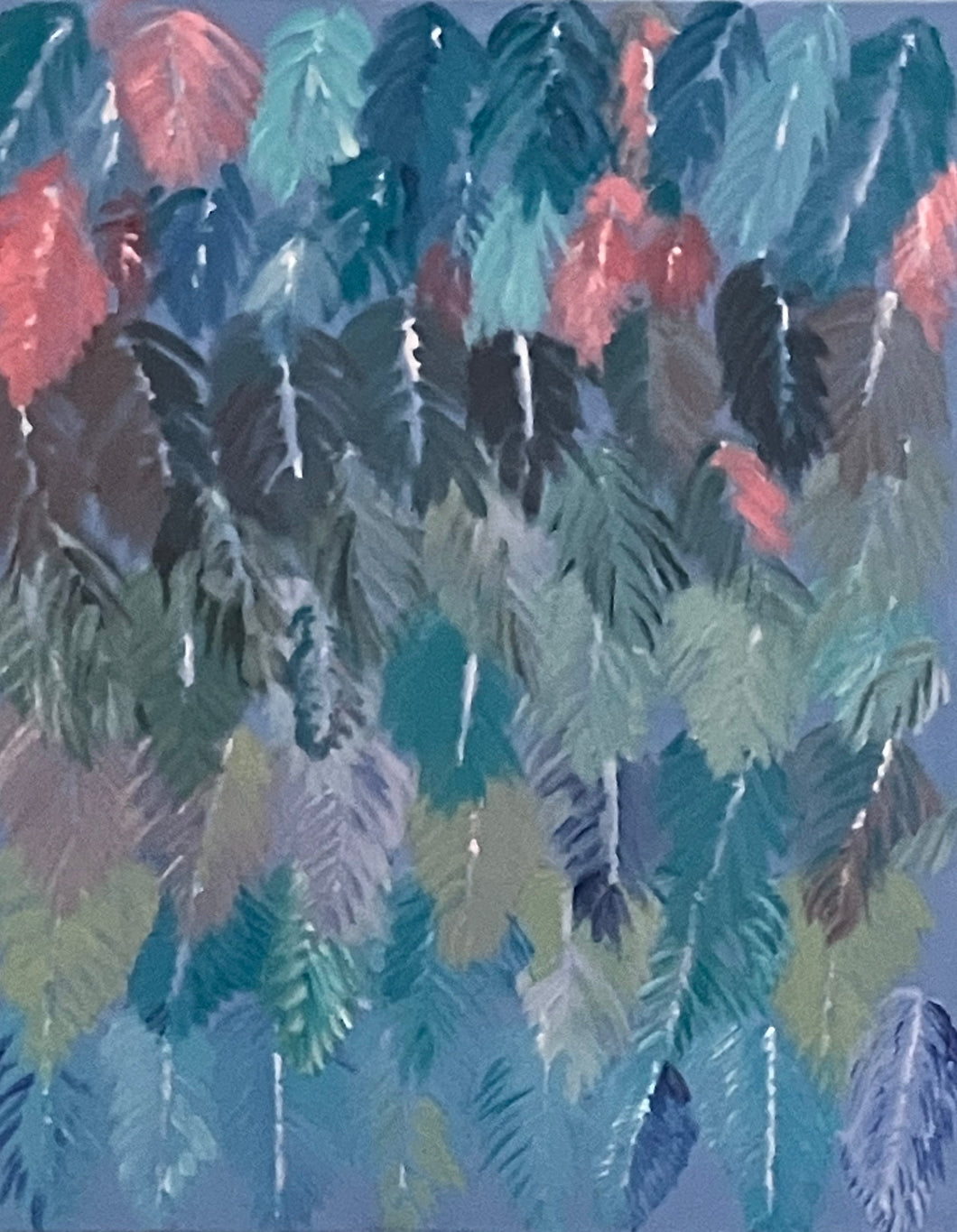 Canvas painting with abstract feather pattern on a blue background