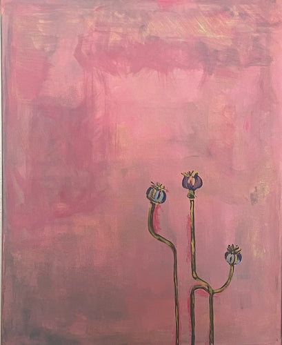 Abstract artwork with two tall, thin flower buds against a pink and purple background