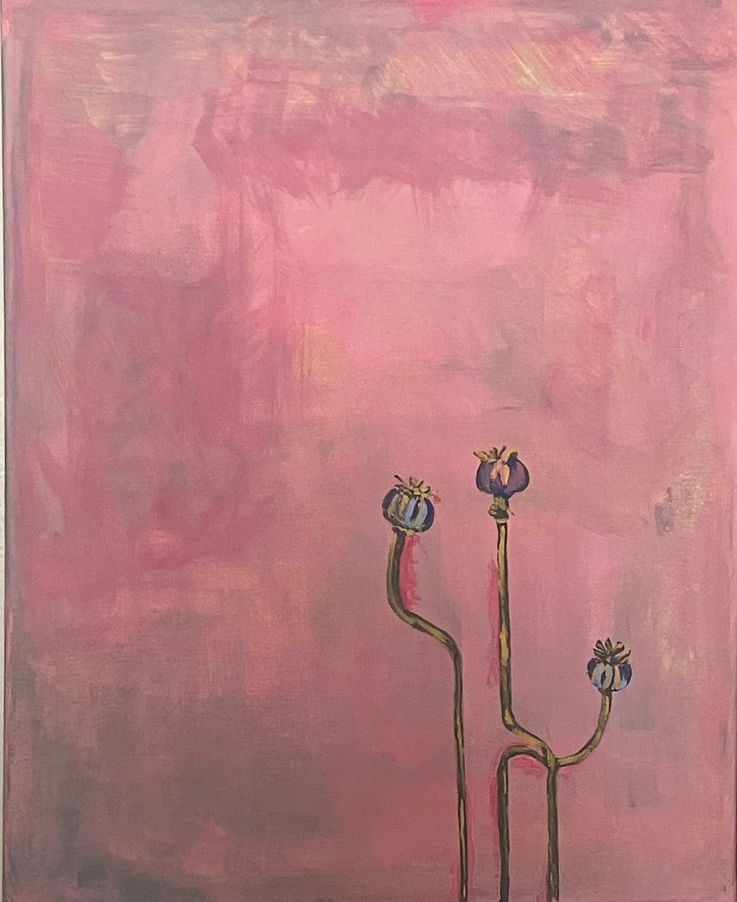Abstract artwork with two tall, thin flower buds against a pink and purple background