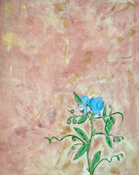Painting of a blue flower on a pink background