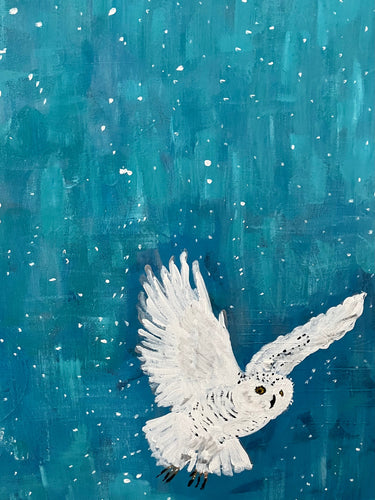 White owl flying against a blue textured background