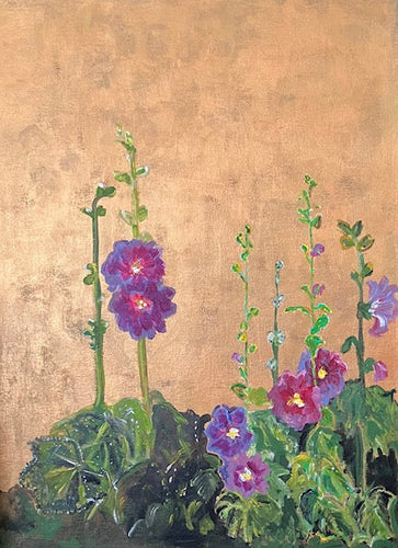 Painting of purple flowers with green stems on a textured gold background