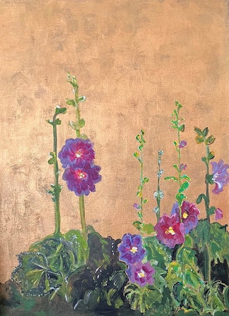 Painting of purple flowers with green stems on a textured gold background