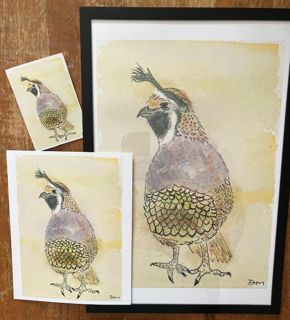 Framed artwork of a bird with matching postcard