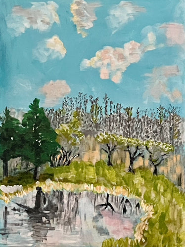 Painting of a landscape with trees, sky, and water.