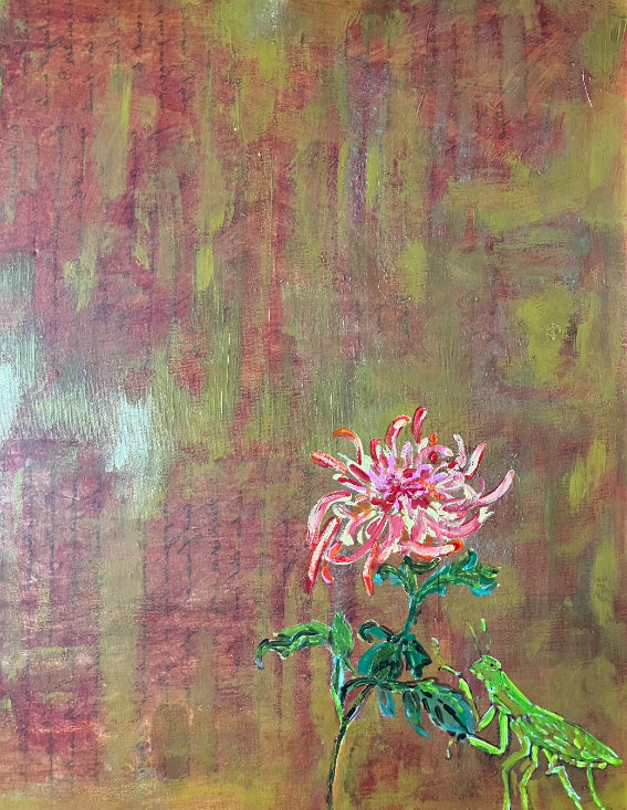 Pink flower and grasshopper painting on a textured background